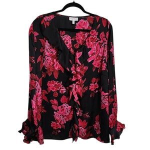 Fashion Bug Top 3X Dark Floral Satin Ruffled Front Button Up